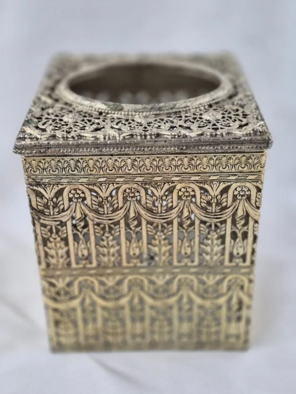 Vintage Hollywood Regency Filigree Vanity Ornate Square Tissue Box Cover